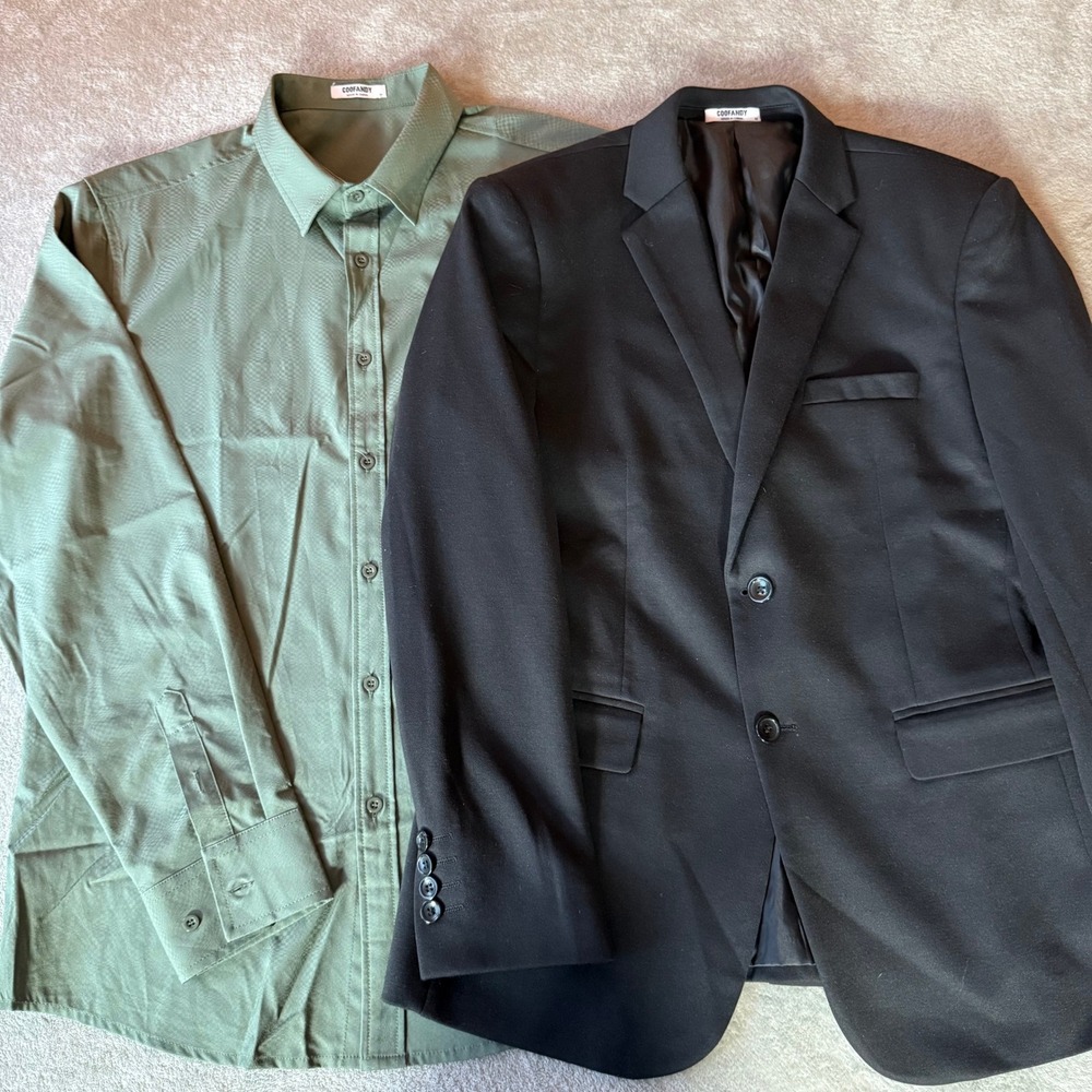 COOFANDY Mens‎ Textured Green Long Sleeve Button Up Shirt & Black Blazer Size M